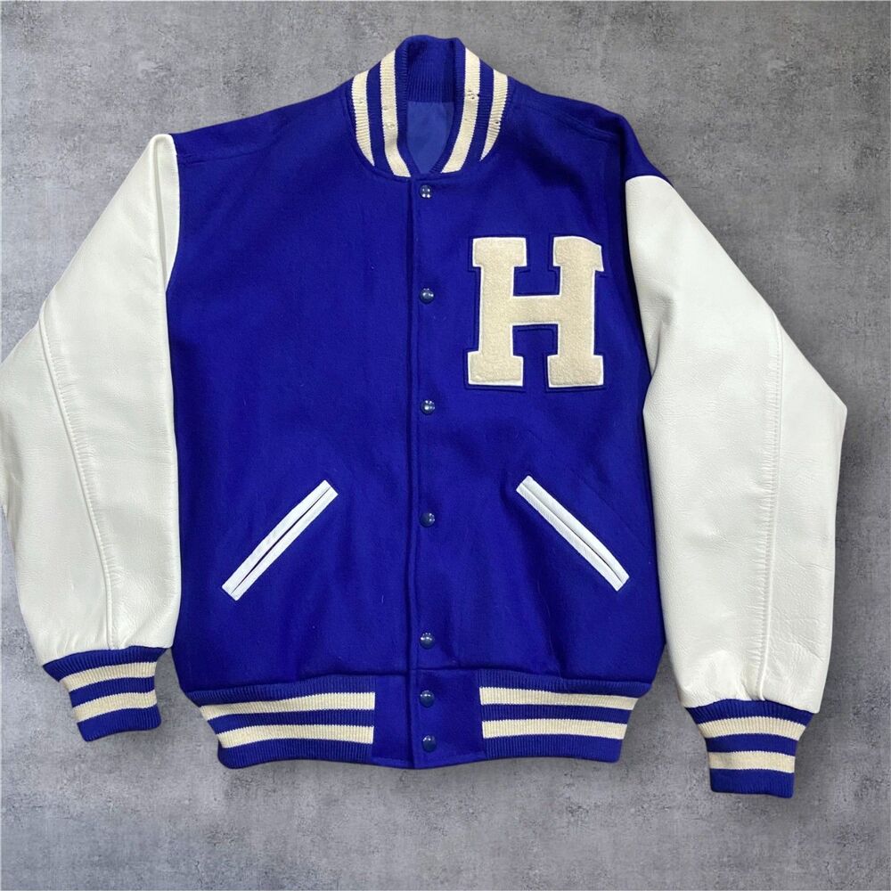 Honda Vintage Wool Leather Letterman Varsity Jacket Blue White Men's Size Large